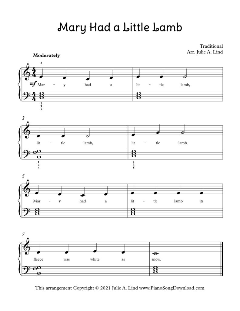 Mary Had a Little Lamb Level 2 piano sheet music with chords