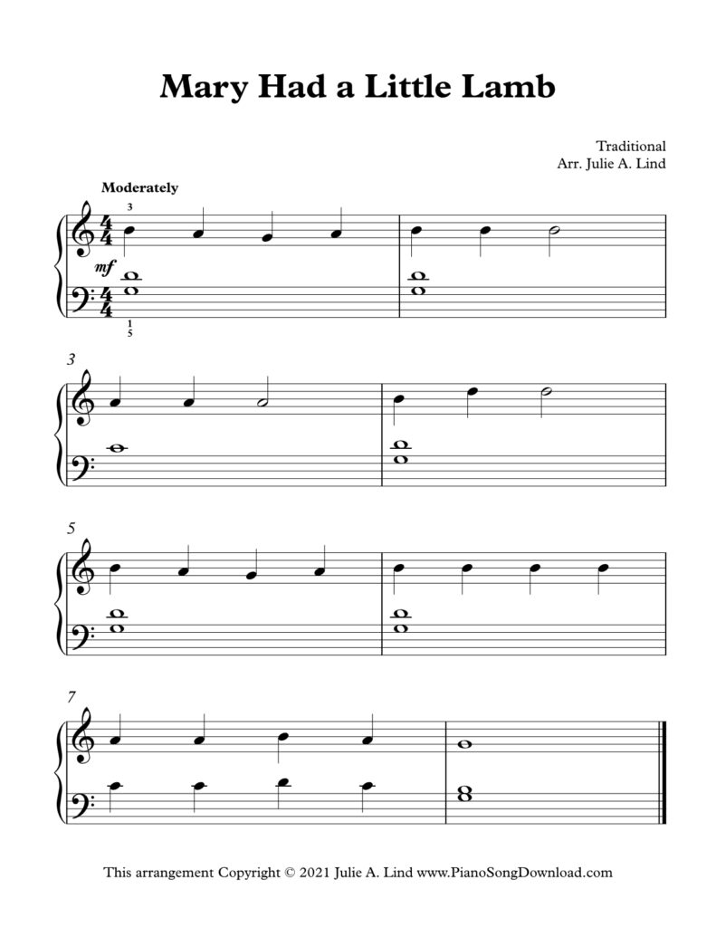 Mary Had a Little Lamb Level 2 piano sheet music in G position