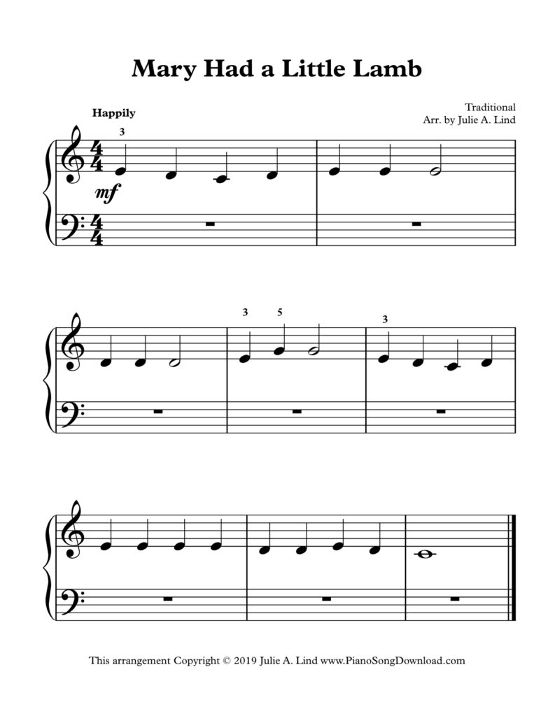 Mary Had a Little Lamb right hand only piano sheet music