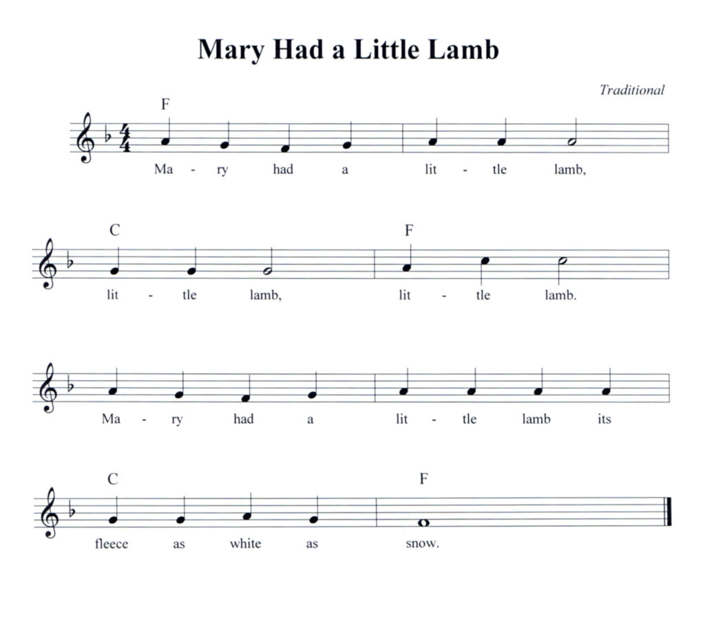 Mary Had a Little Lamb lead sheet in F Major with lyrics and chord symbols
