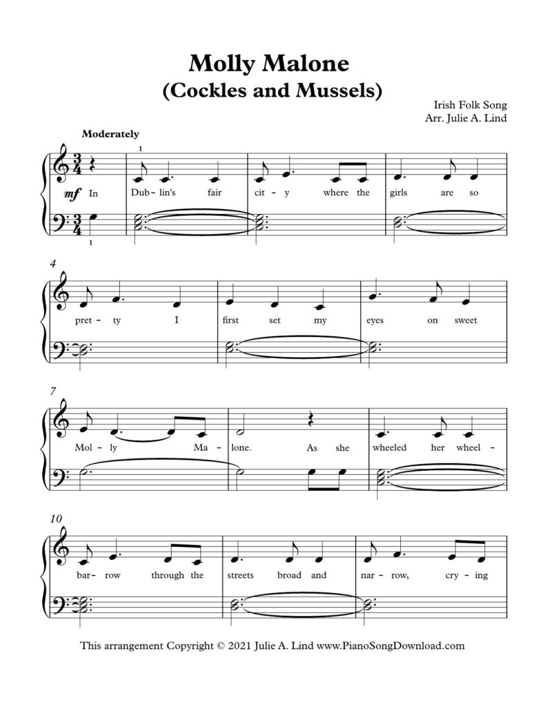 Molly Malone Level 2 piano sheet music with chords and lyrics