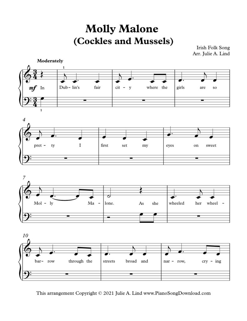 Molly Malone Level 1 piano sheet music with lyrics and tutorial