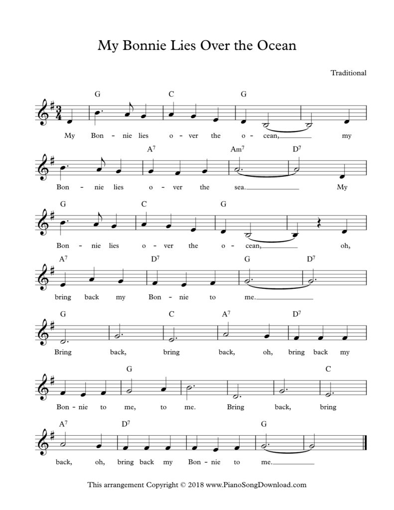 My Bonnie Lies Over the Ocean lead sheet in G Major with lyrics and chord symbols