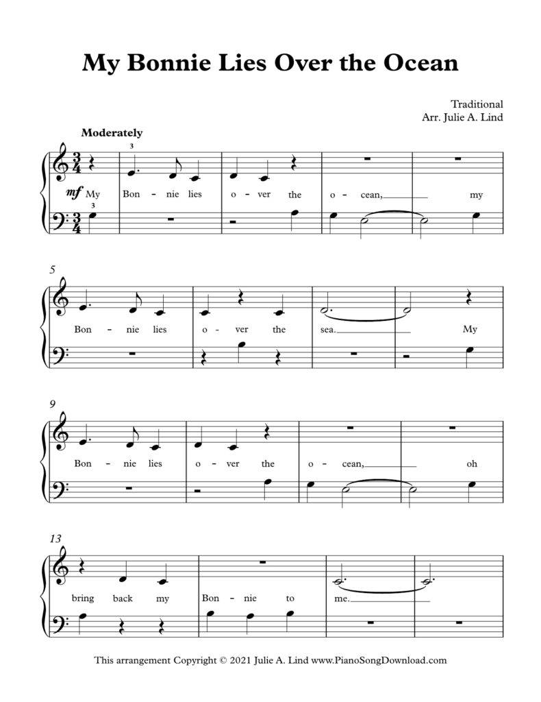 My Bonnie Lies Over the Ocean Level 1 piano sheet music with lyrics