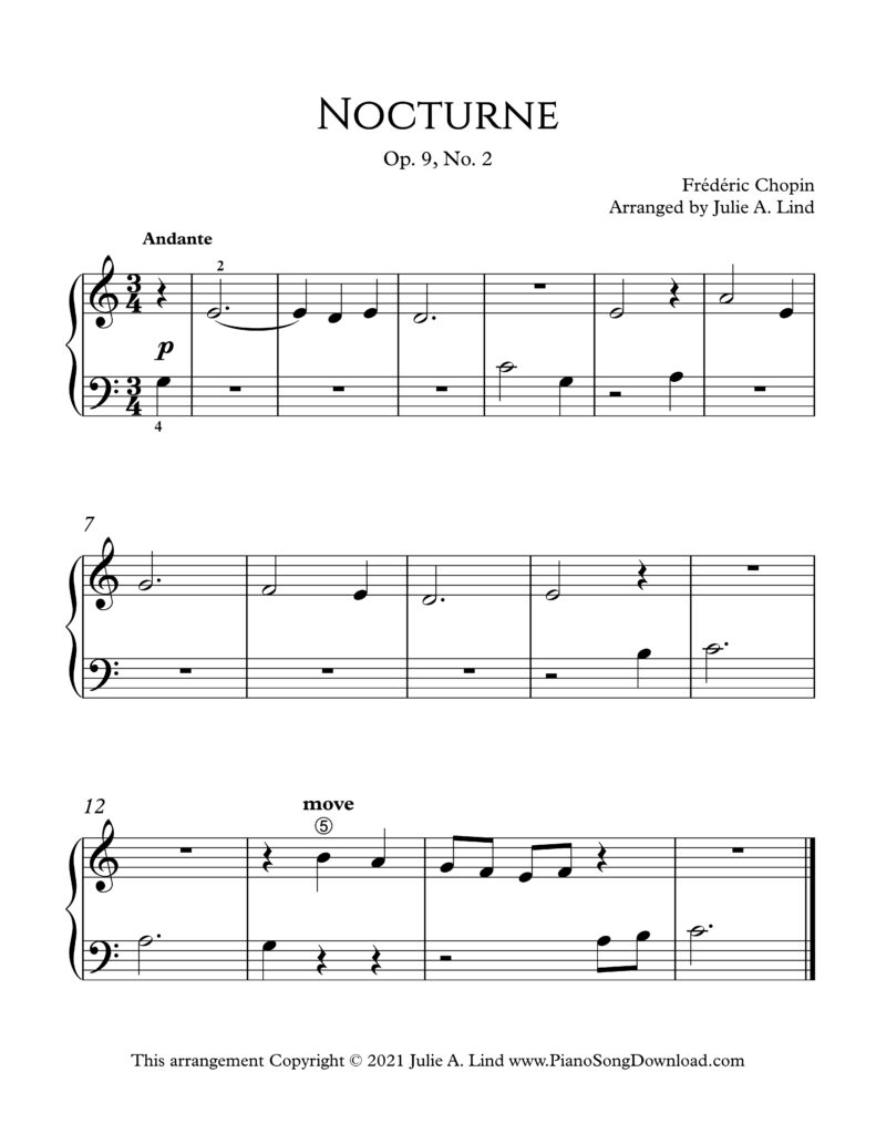 Simplified Chopin Nocturne Op. 9 No. 2 Level 1 piano sheet music