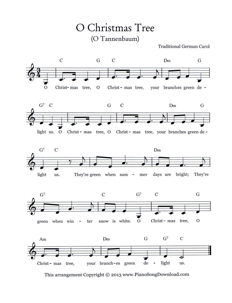 O Christmas Tree lead sheet in C Major with lyrics and chord symbols