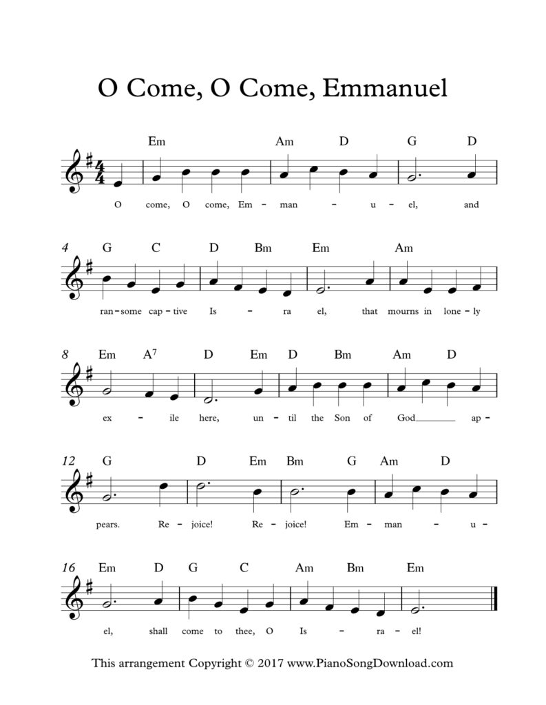 O Come, O Come, Emmanuel lead sheet in E minor with lyrics and chord symbols