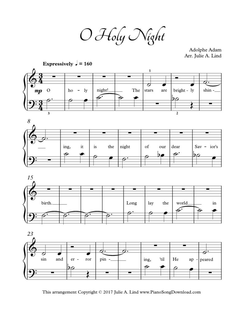 O Holy Night Level 1 piano sheet music with lyrics and tutorial