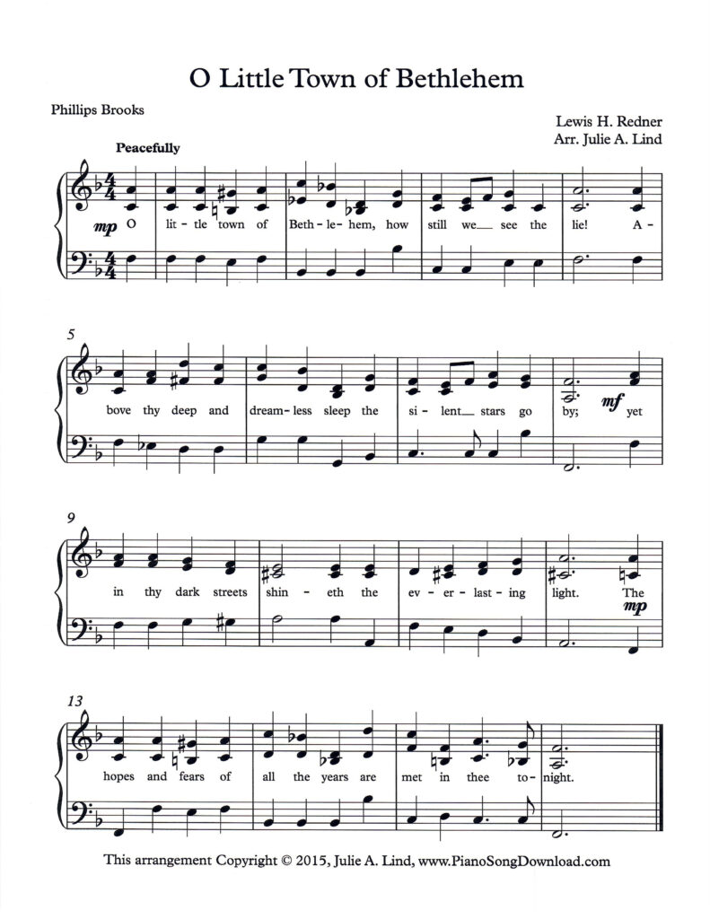 O Little Town of Bethlehem Level 3 piano arrangement with lyrics