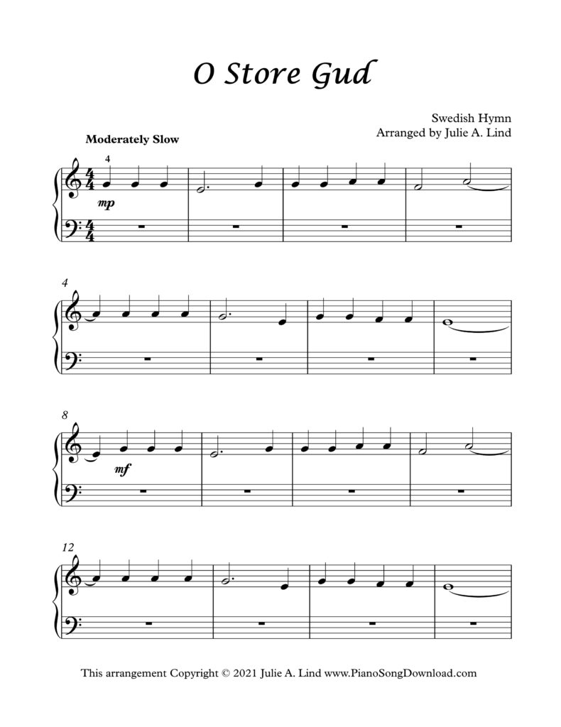 O Store Gud Level 1 piano sheet music for beginning pianists