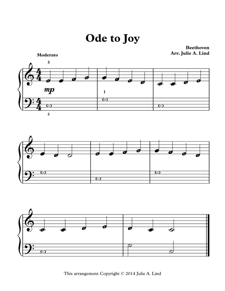 Ode to Joy Level 1 piano sheet music with letter names inside notes