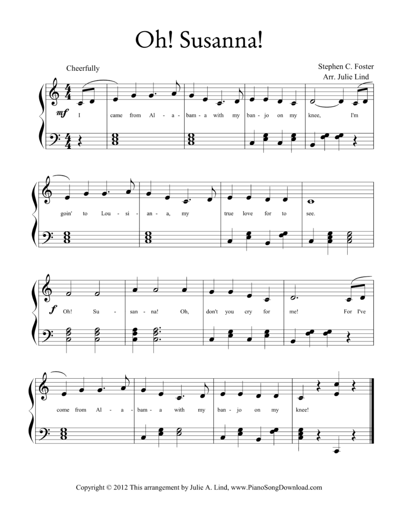 Oh Susanna Level 2 piano sheet music with chord accompaniment