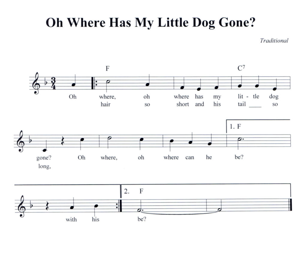 Oh Where Has My Little Dog Gone? lead sheet in F Major with lyrics and chord symbols
