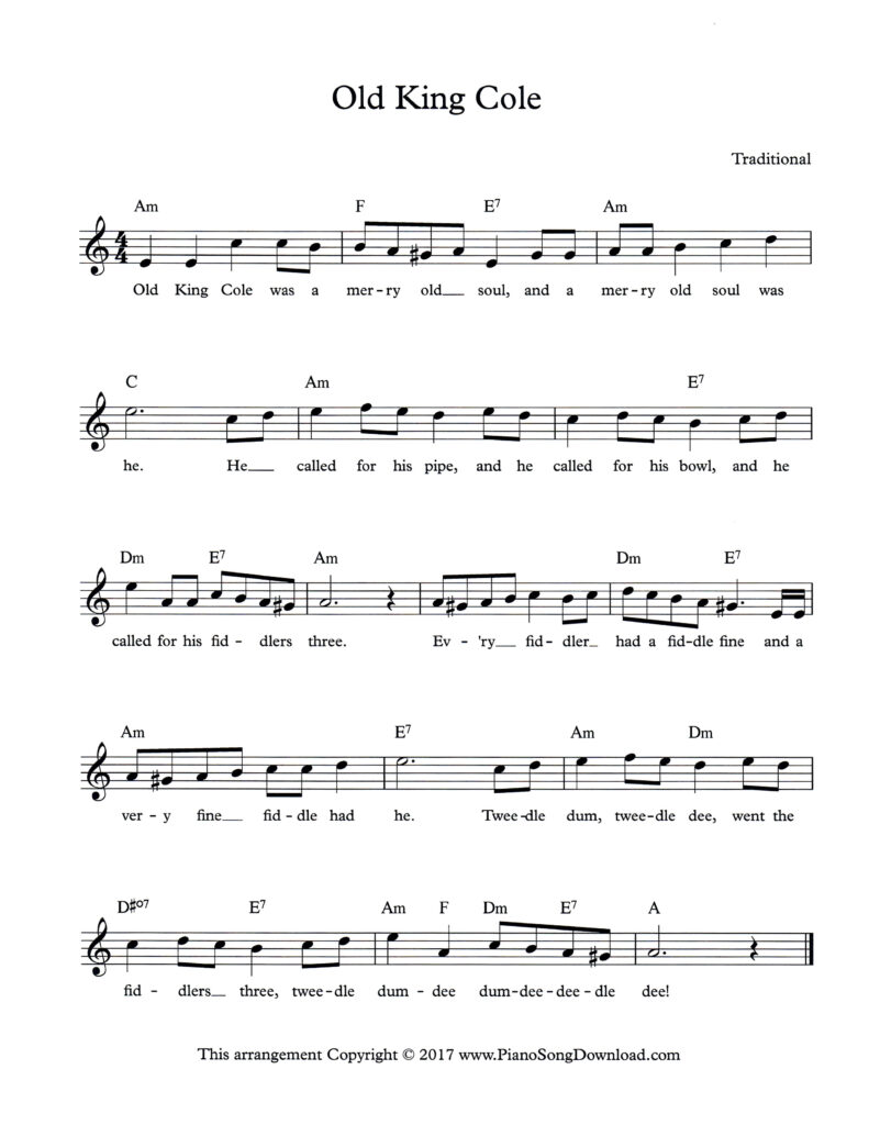 Old King Cole lead sheet in A minor with lyrics and chord symbols