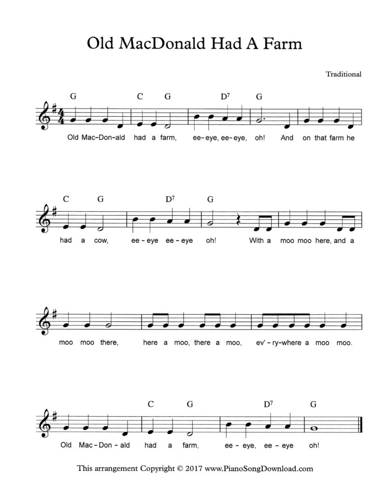 Old MacDonald Had a Farm lead sheet in G Major with lyrics and chord symbols