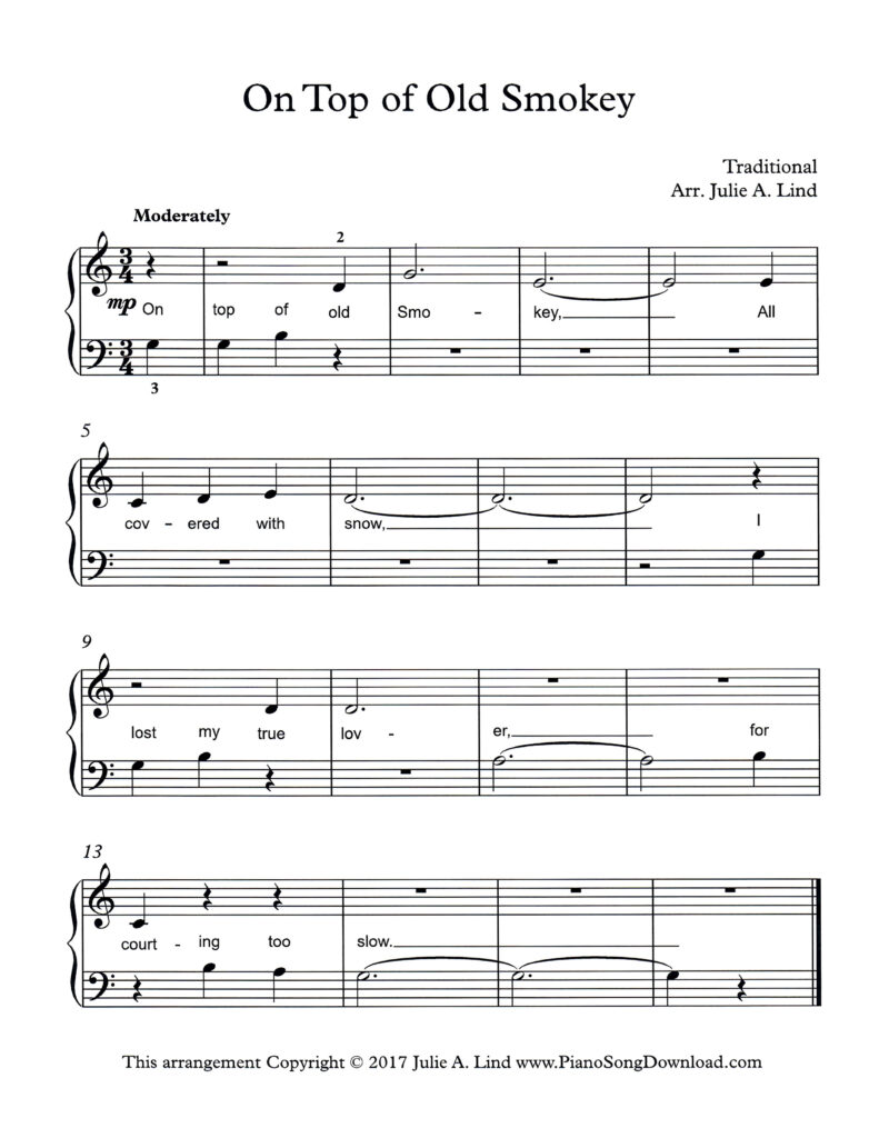 On Top of Old Smokey Level 1 piano sheet music with tutorial