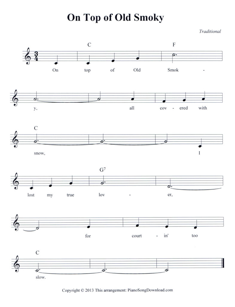 On Top of Old Smoky lead sheet in C Major with lyrics and chord symbols
