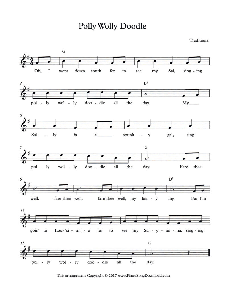 Polly Wolly Doodle lead sheet in G Major with lyrics and chord symbols
