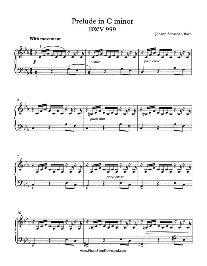 Prelude in C Minor BWV 999 by J S Bach piano sheet music