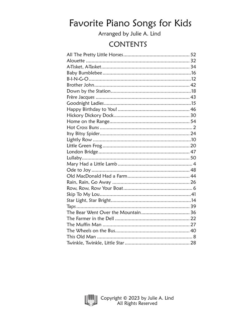 Contents for Favorite Piano Songs for Kids by Julie Lind