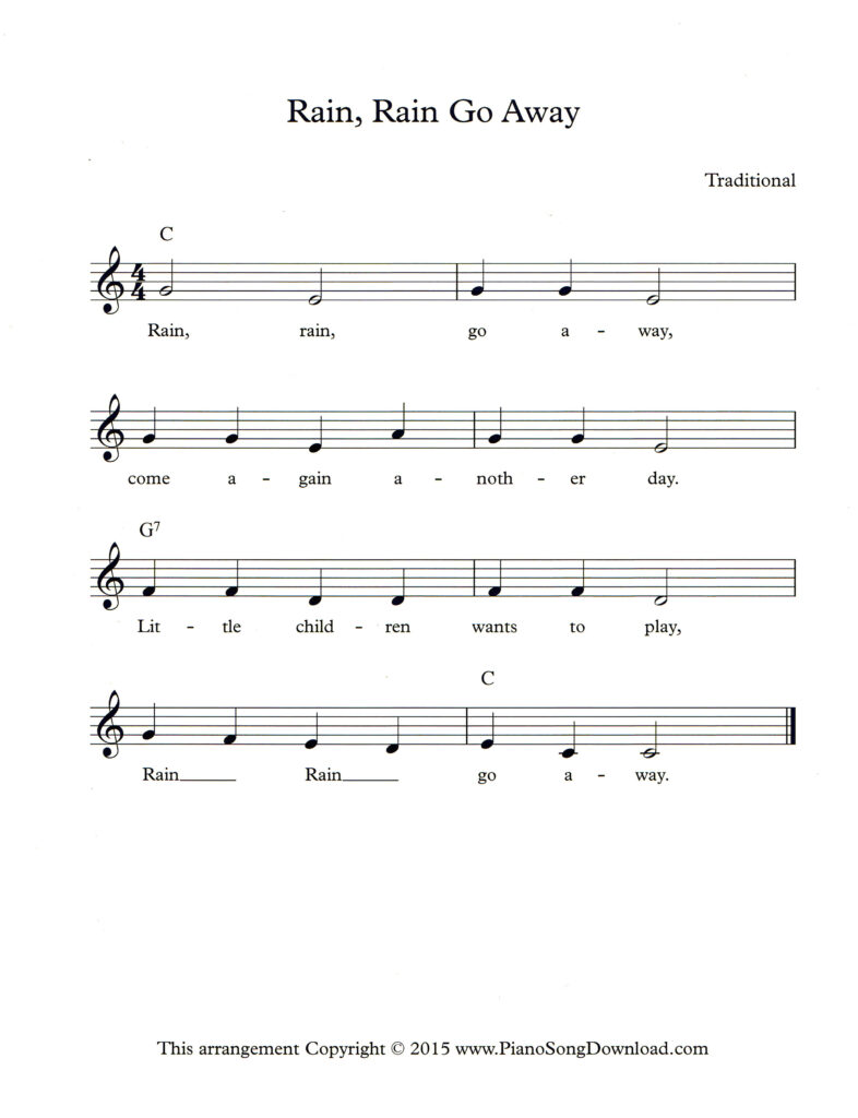 Rain, Rain, Go Away lead sheet in C Major with lyrics and chord symbols