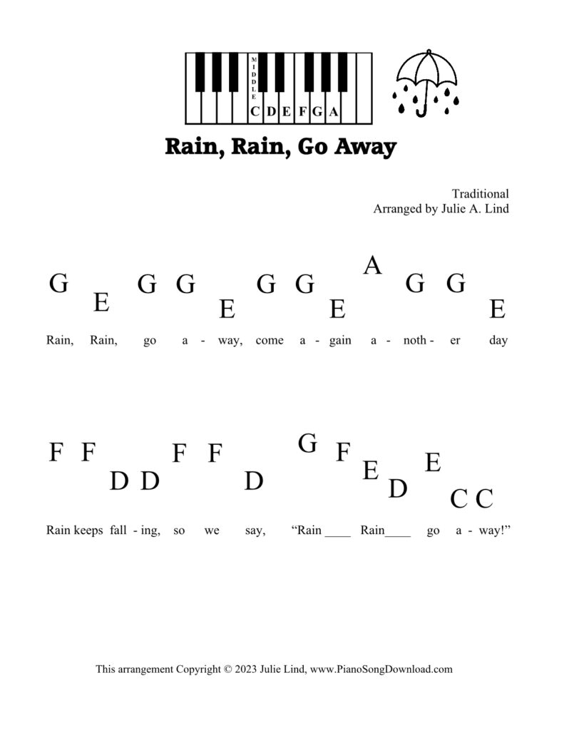Rain Rain Go Away pre-staff piano sheet music with letters and lyrics