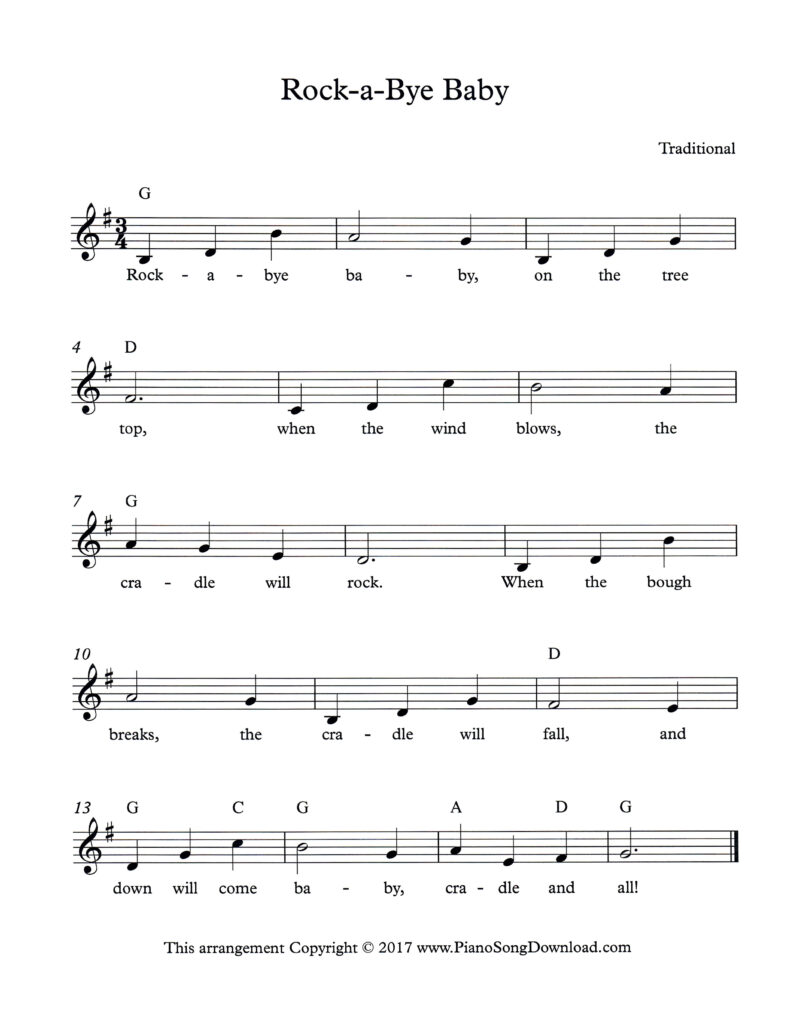 Rock-a-Bye Baby lead sheet in G Major with lyrics and chord symbols