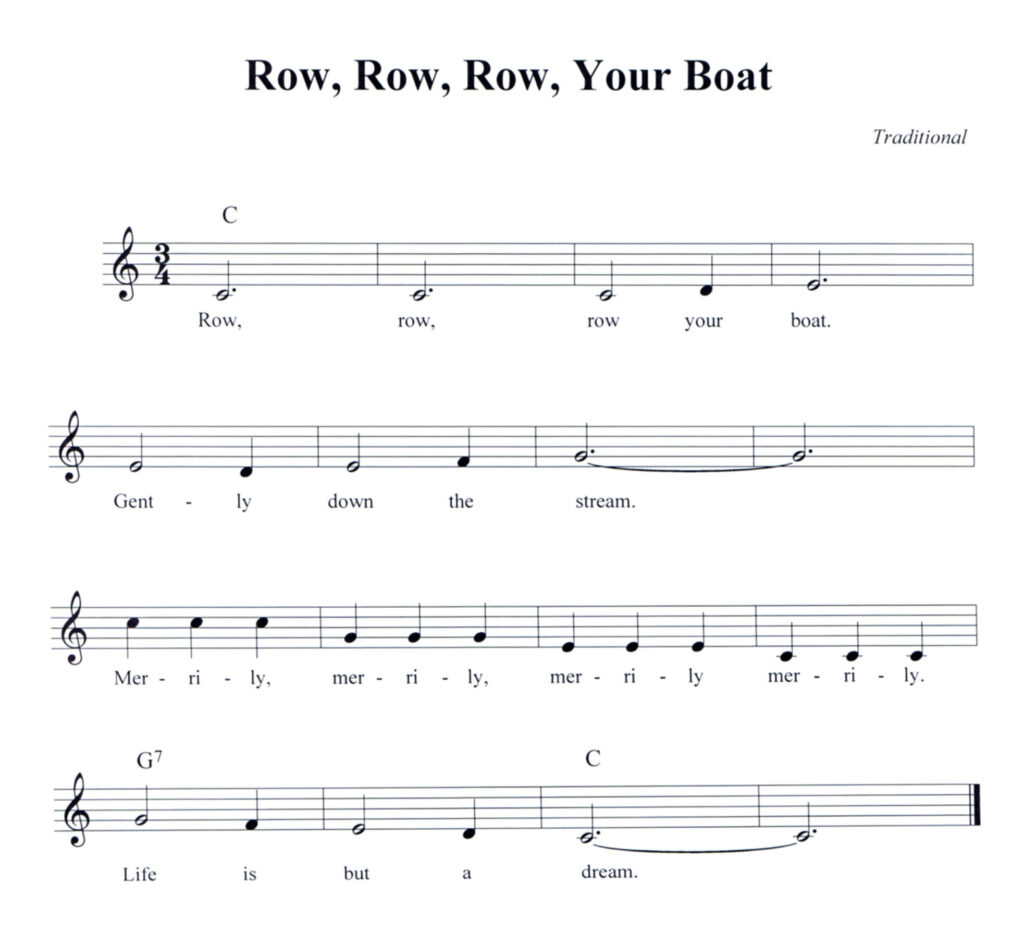 Row, Row, Row Your Boat lead sheet in C Major with lyrics and chord symbols