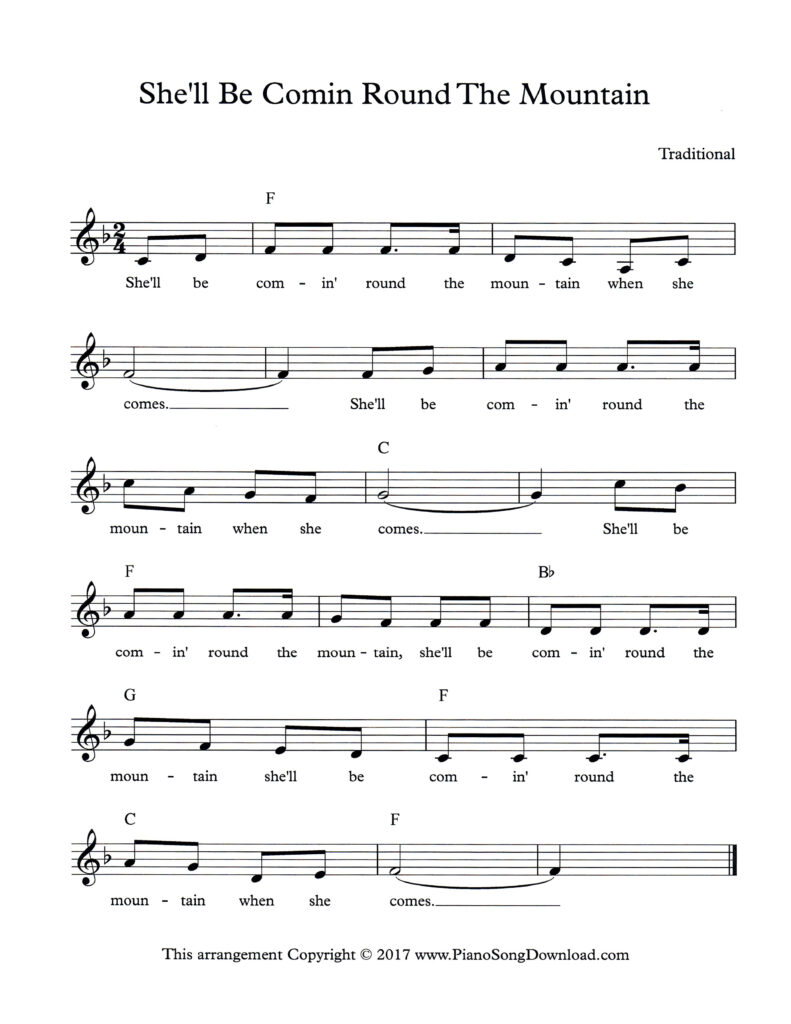 She'll Be Comin' Round the Mountain lead sheet in F Major with lyrics and chord symbols