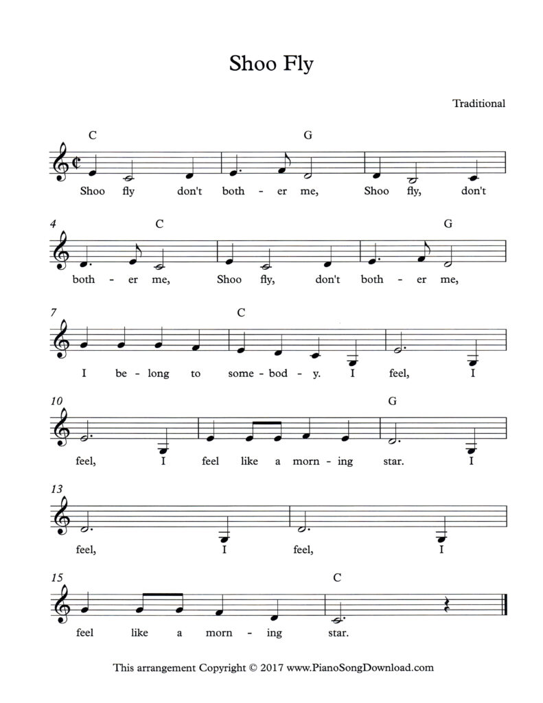 Shoo Fly lead sheet in C Major with lyrics and chord symbols