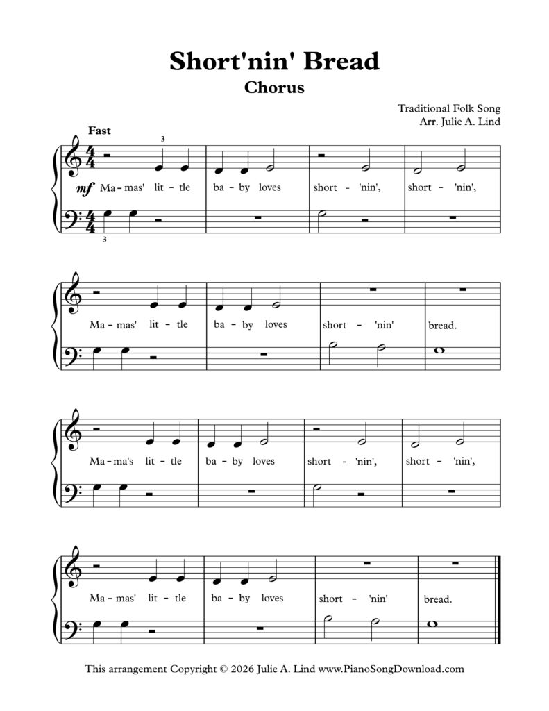Short'nin' Bread Level 1 chorus-only piano arrangement