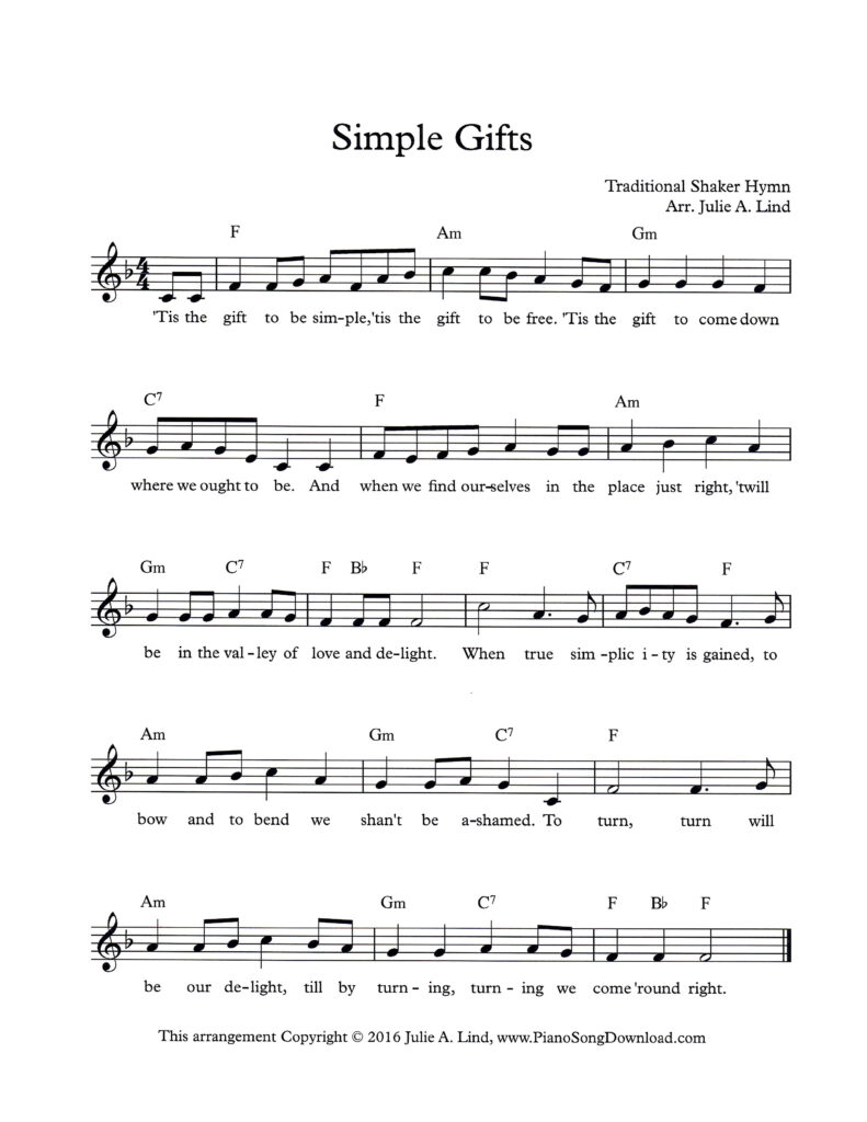 Simple Gifts lead sheet in F Major with lyrics and chord symbols