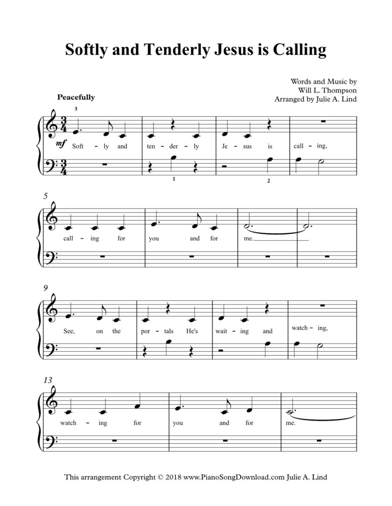 Softly and Tenderly Jesus Is Calling Level 1 piano sheet music