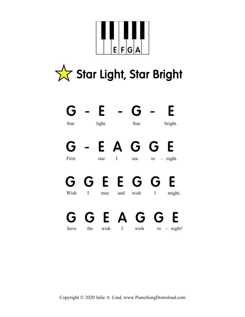 Star Light Star Bright pre-staff piano sheet music with letters and hand diagram