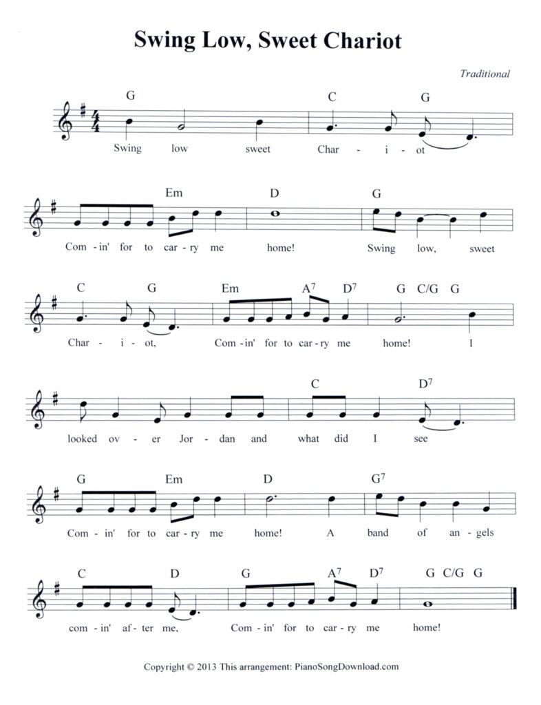 Swing Low, Sweet Chariot lead sheet in G Major with lyrics and chord symbols