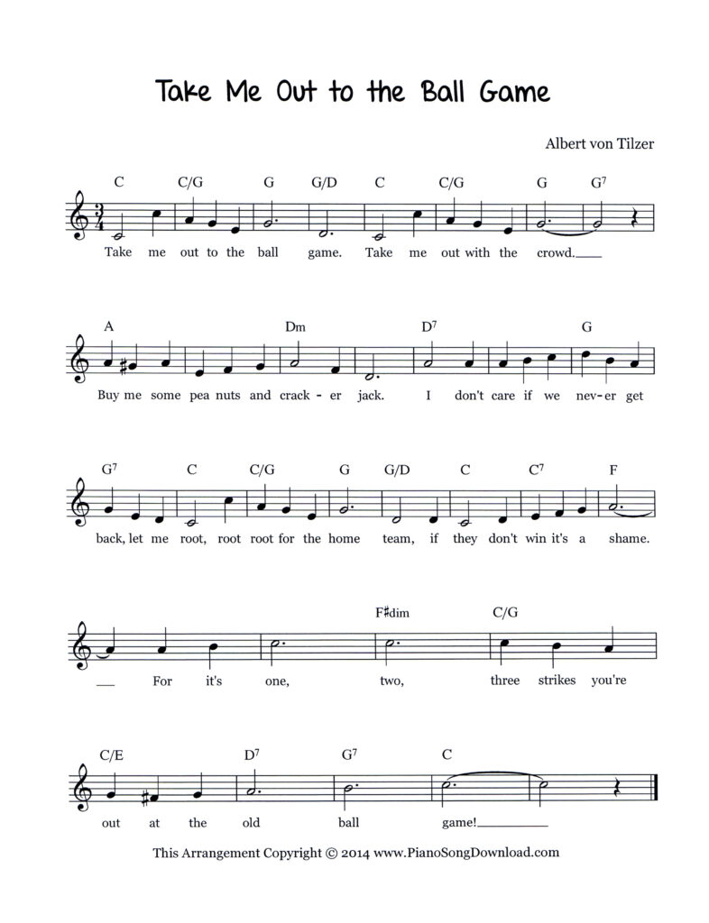 Take Me Out to the Ball Game lead sheet in C Major with lyrics and chord symbols