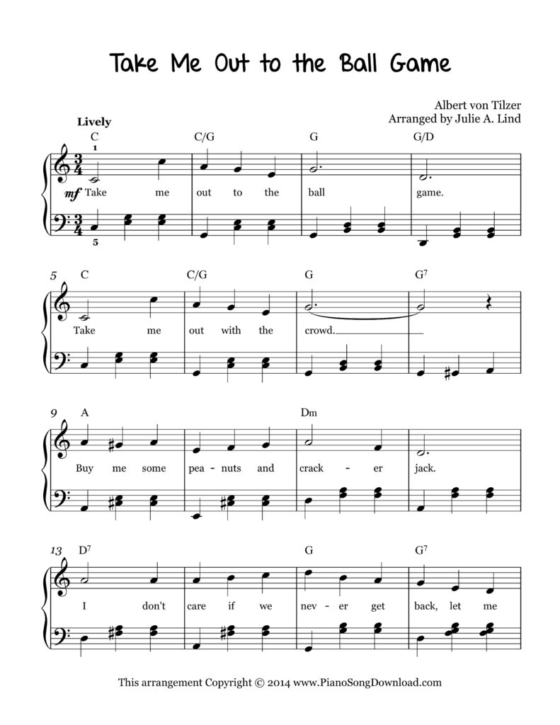 Take Me Out to the Ball Game Level 3 piano arrangement with guitar chords