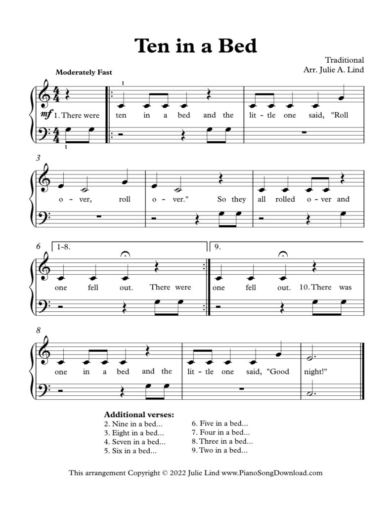 Ten in a Bed Level 1 piano sheet music