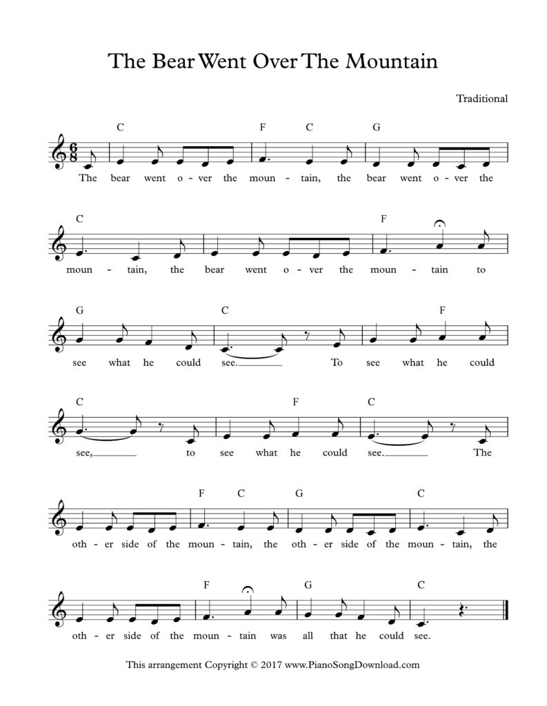 The Bear Went Over the Mountain lead sheet in C Major with lyrics and chord symbols