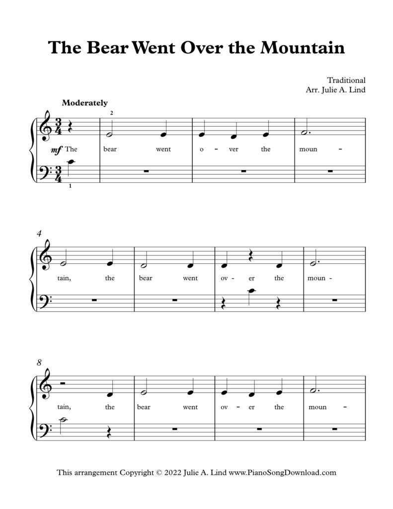 The Bear Went Over the Mountain Level 1 piano sheet music