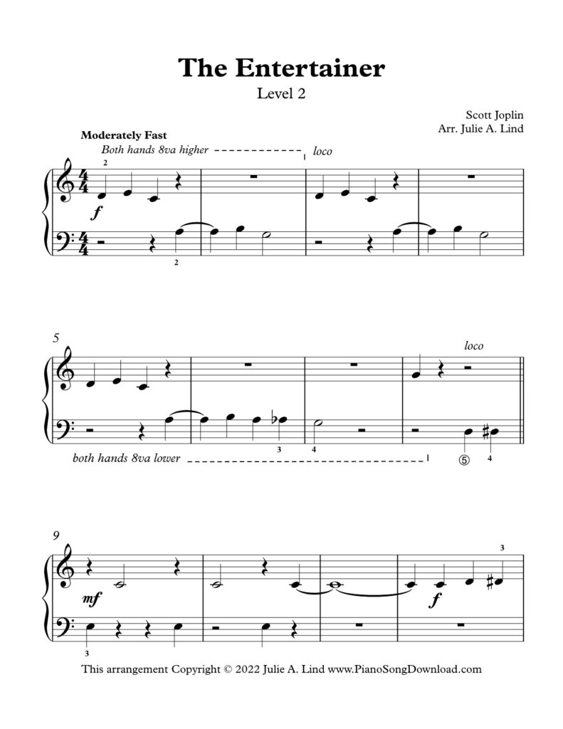 The Entertainer simplified Level 2 piano arrangement