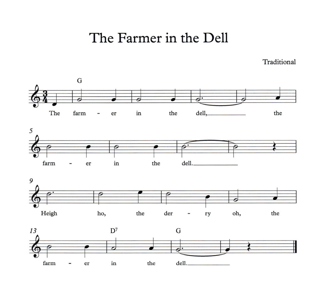 The Farmer in the Dell lead sheet in G Major with lyrics and chord symbols