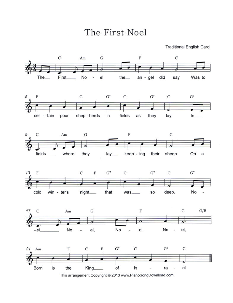 The First Noel lead sheet in C Major with lyrics and chord symbols