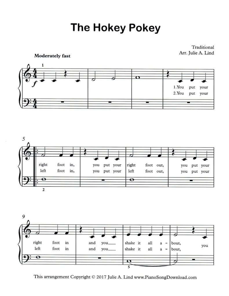 The Hokey Pokey easy beginner piano arrangement with five verses