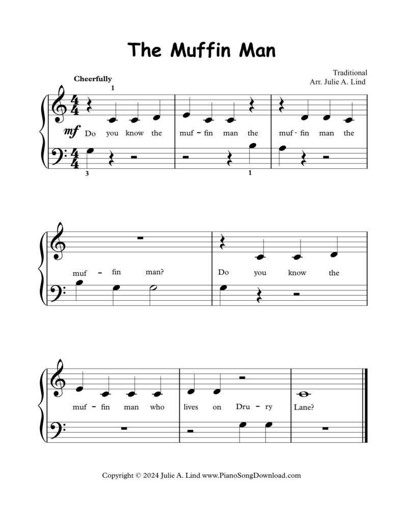 Print the free Level 1 piano sheet music for The Muffin Man, a traditional children's song arranged by Julie Lind. This beginner arrangement features the melody shared between both hands, helping students develop note-reading skills and hand coordination. Simple notes and easy rhythms make it an excellent choice for beginning pianists learning to play familiar melodies. Watch the tutorial below for step-by-step playing instructions.