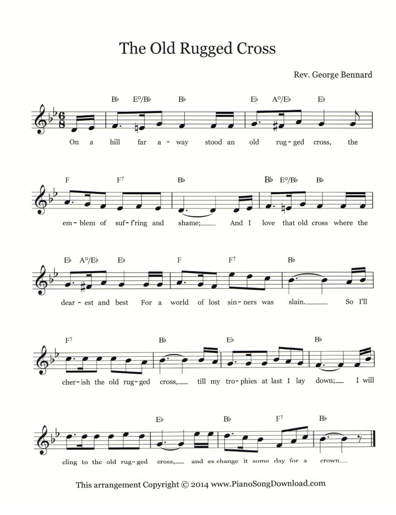 The Old Rugged Cross lead sheet in B-flat Major with lyrics, chord symbols, and slash chords