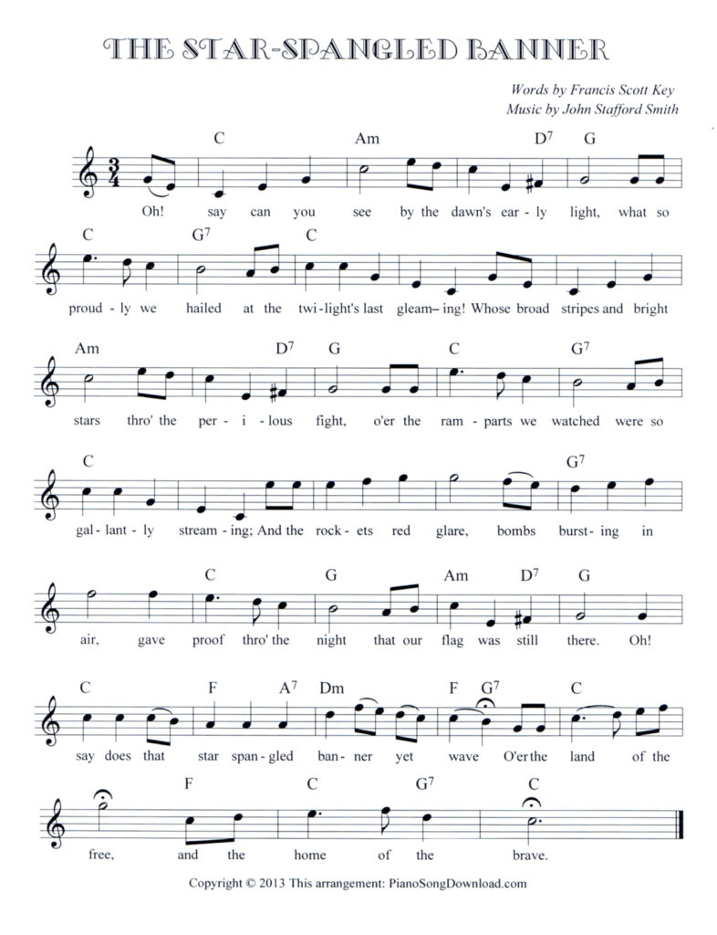 The Star-Spangled Banner lead sheet in C Major with lyrics and chord symbols