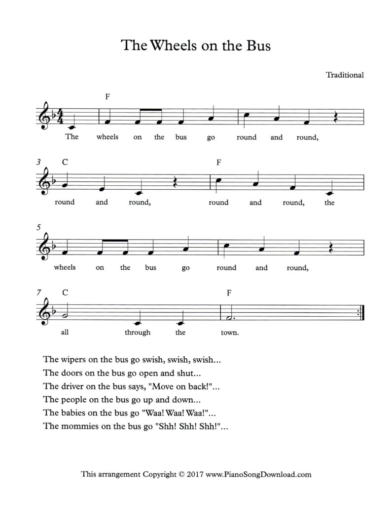 The Wheels on the Bus lead sheet in F Major with lyrics and chord symbols