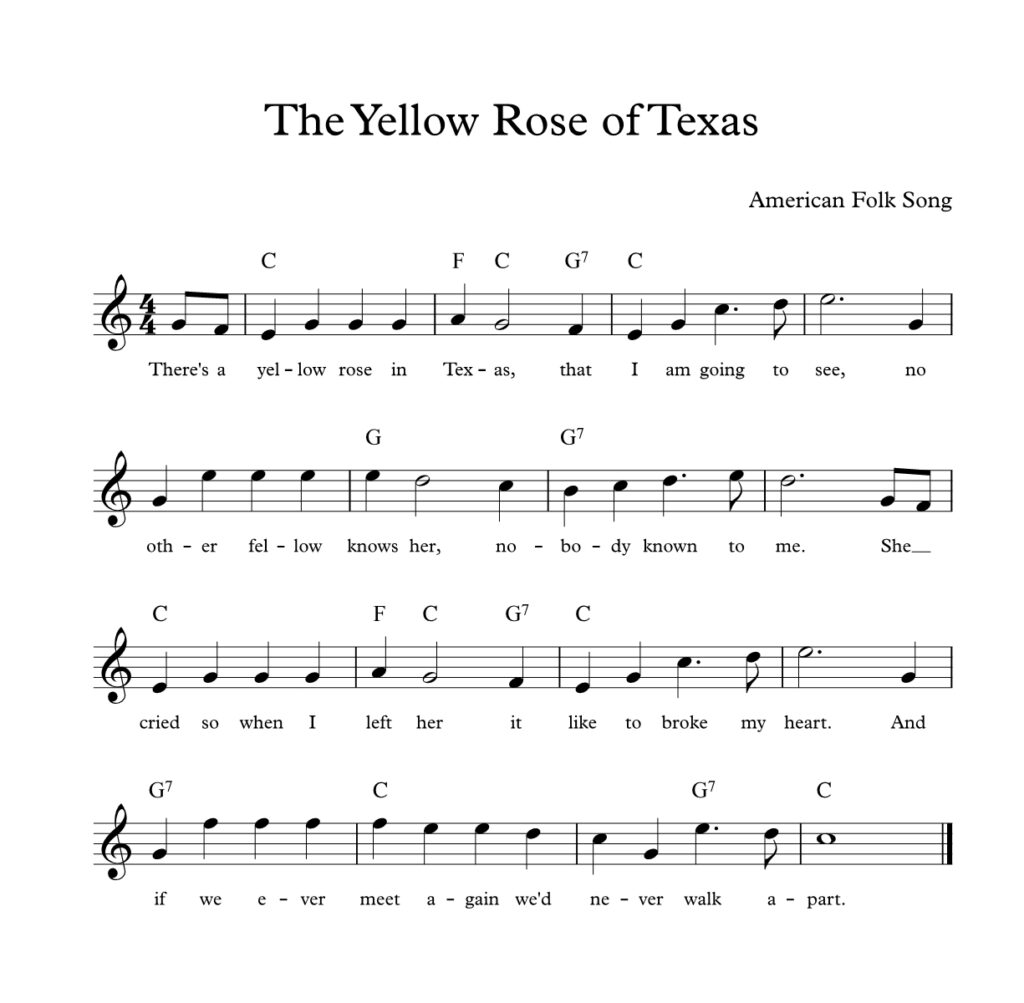 The Yellow Rose of Texas lead sheet in C Major with lyrics and chord symbols