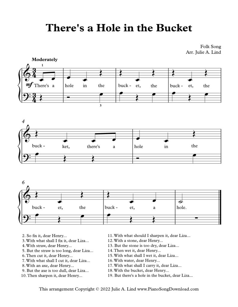 There’s a Hole in the Bucket Level 1 piano sheet music with lyrics and tutorial